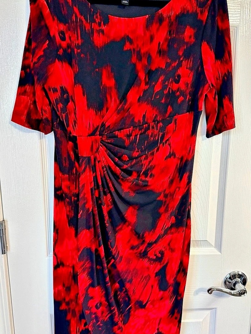 Connected Apparel Abstract Red & Black Faux Wrap Dress Size 14 Like New
